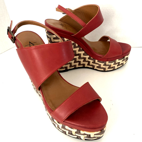 Aquatalia Carmela Sandal Espadrille Wedge Heel Red Leather Buckle Platform 8 - Picture 4 of 10